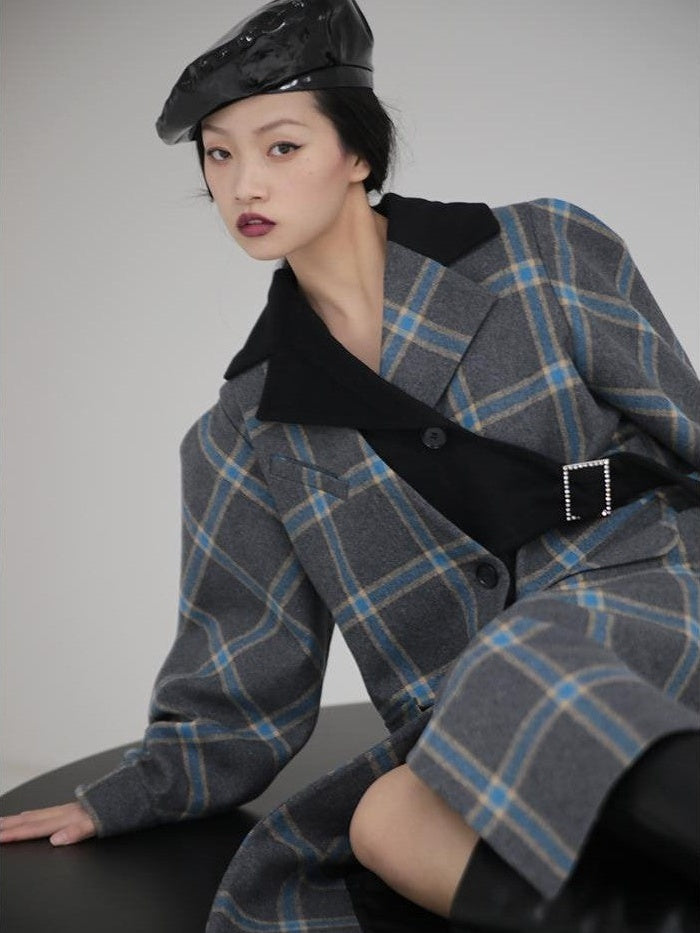 Jnylon studios Deconstructed Plaid Asymmetric Color Block Women's Wool Long Straight Coat With Pockets Buttons Wool Coats