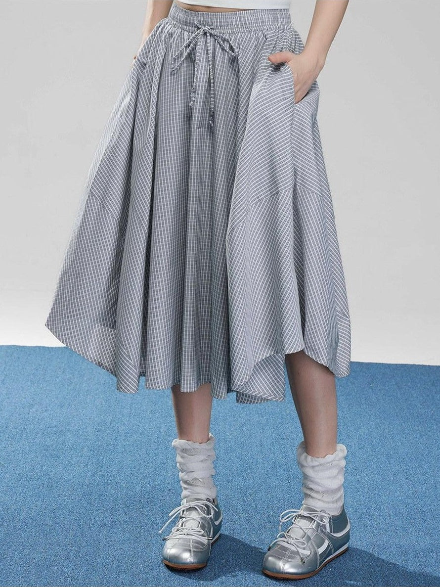 VEEMIX Fog Blue Fine Check A Line High Waist Elastic Women's Viscose Midi Skirts