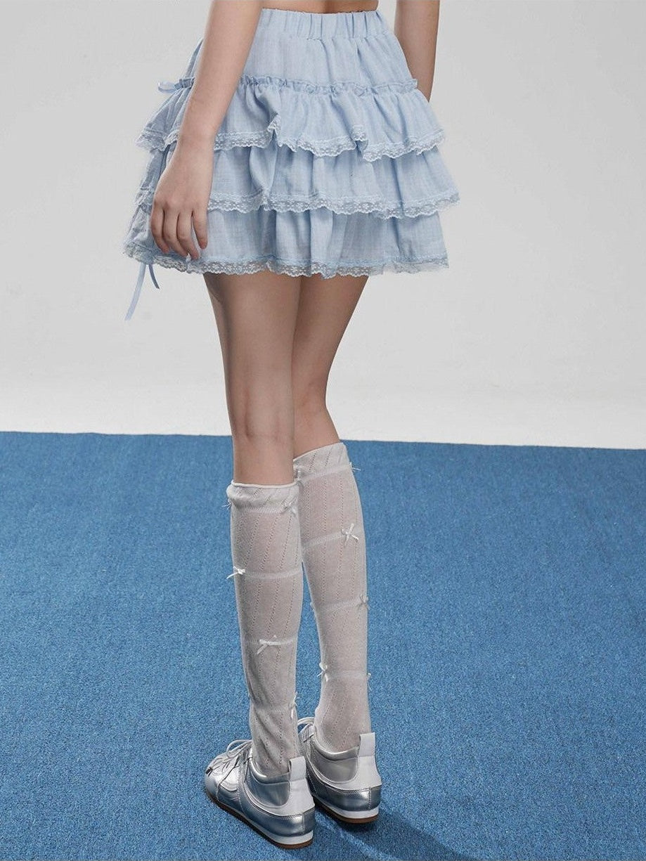 VEEMIX Light Blue Lace Trim Ruffled Bow Cake Women's Viscose Blend Tiered Skirts