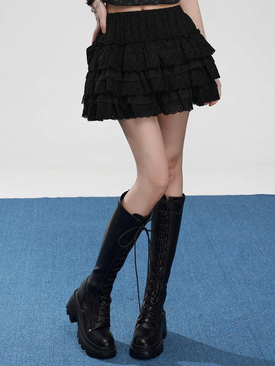VEEMIX Black Lace Ruffle Puff Cake A Line Women's Cotton Polyester Blend Tiered Skirts