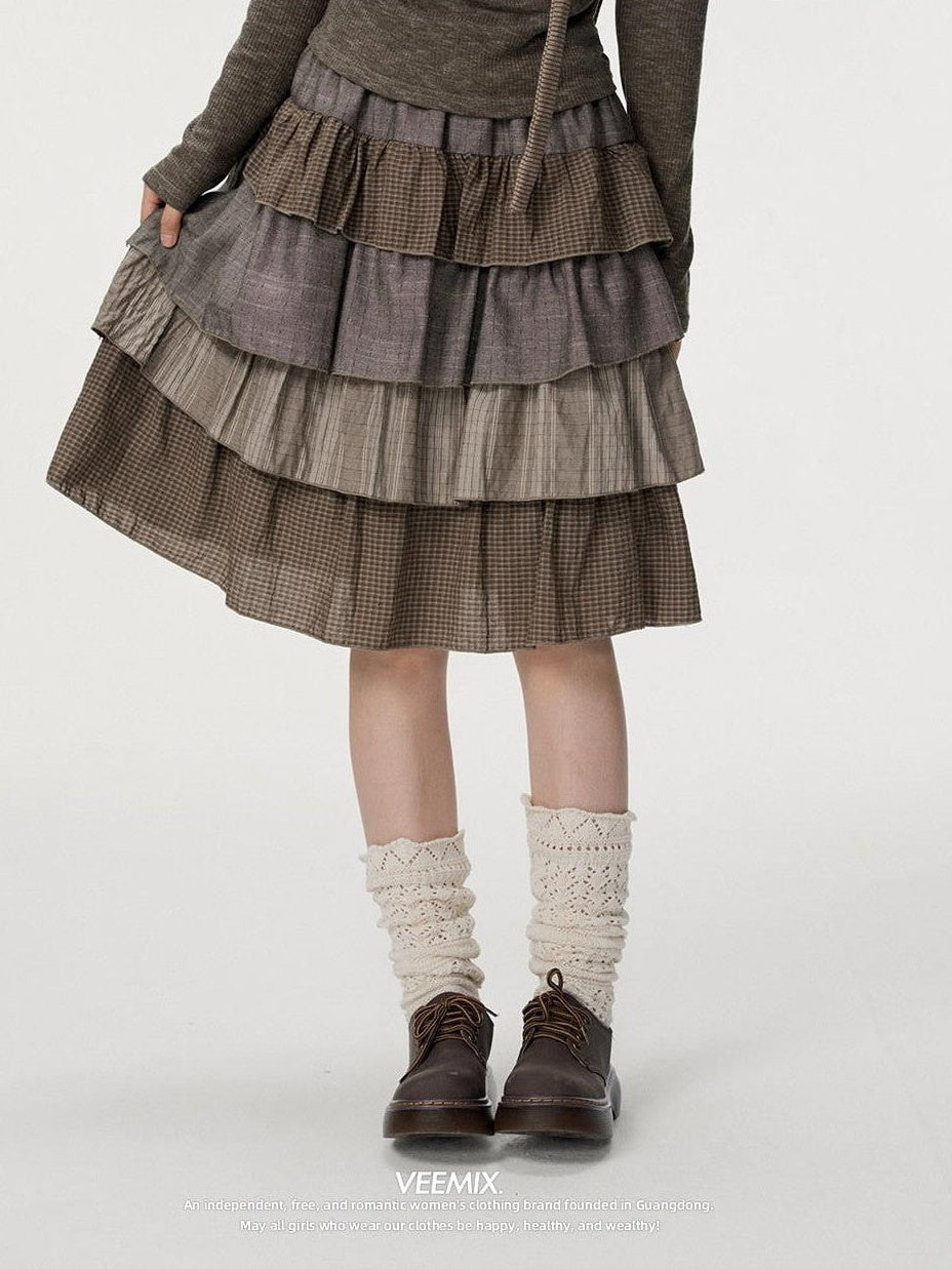 VEEMIX Plaid Patchwork Cake High Waist Women's Cotton Polyester Tiered Skirts