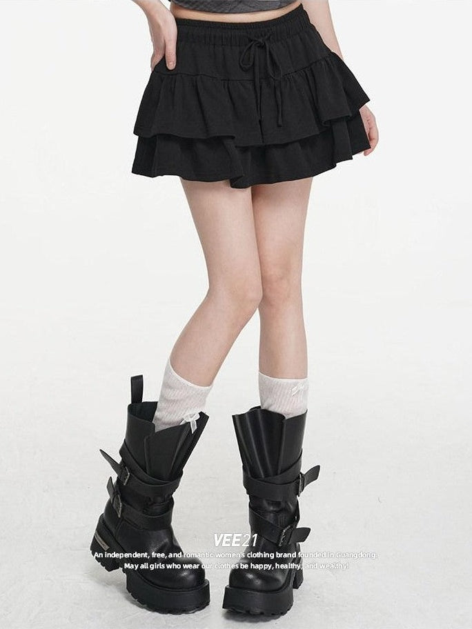 VEEMIX Double Layer Pleated Tiered A Line Low Waist Women's Cotton Mini Skirts