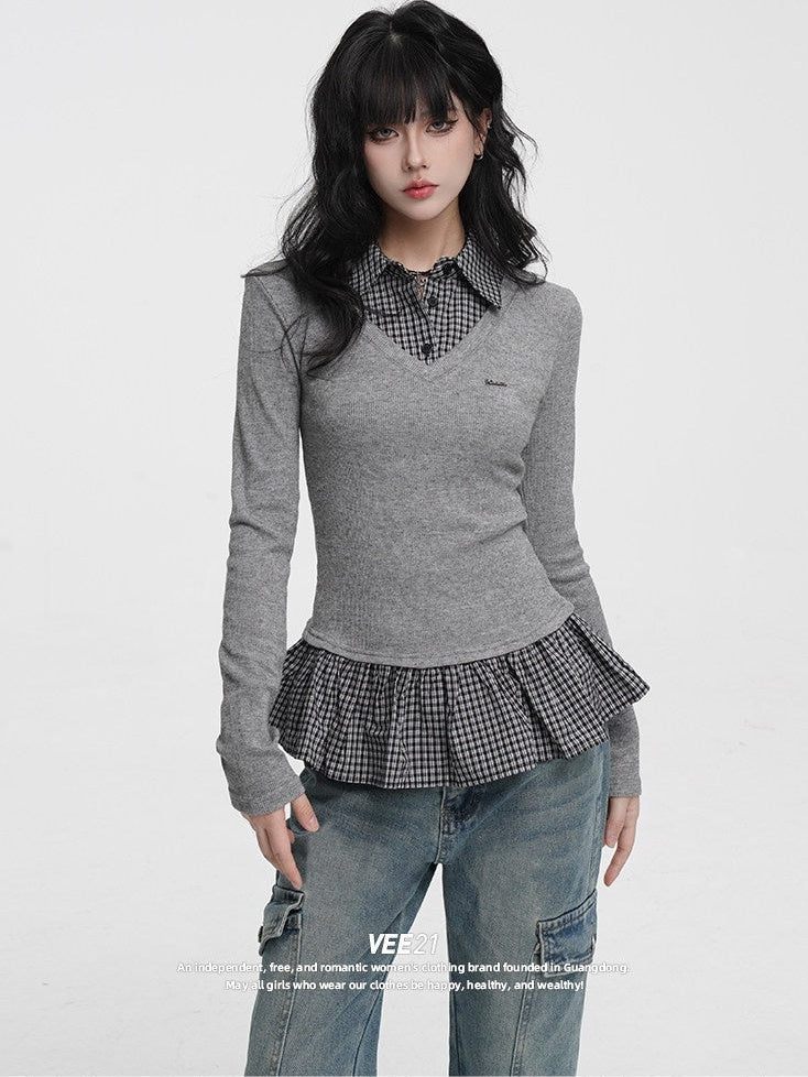 VEEMIX_Plaid_Faux_Two_Piece_Contrast_Patchwork_Women's_Polyester_Long_Sleeve_T-shirts_980043111109_MISSTT