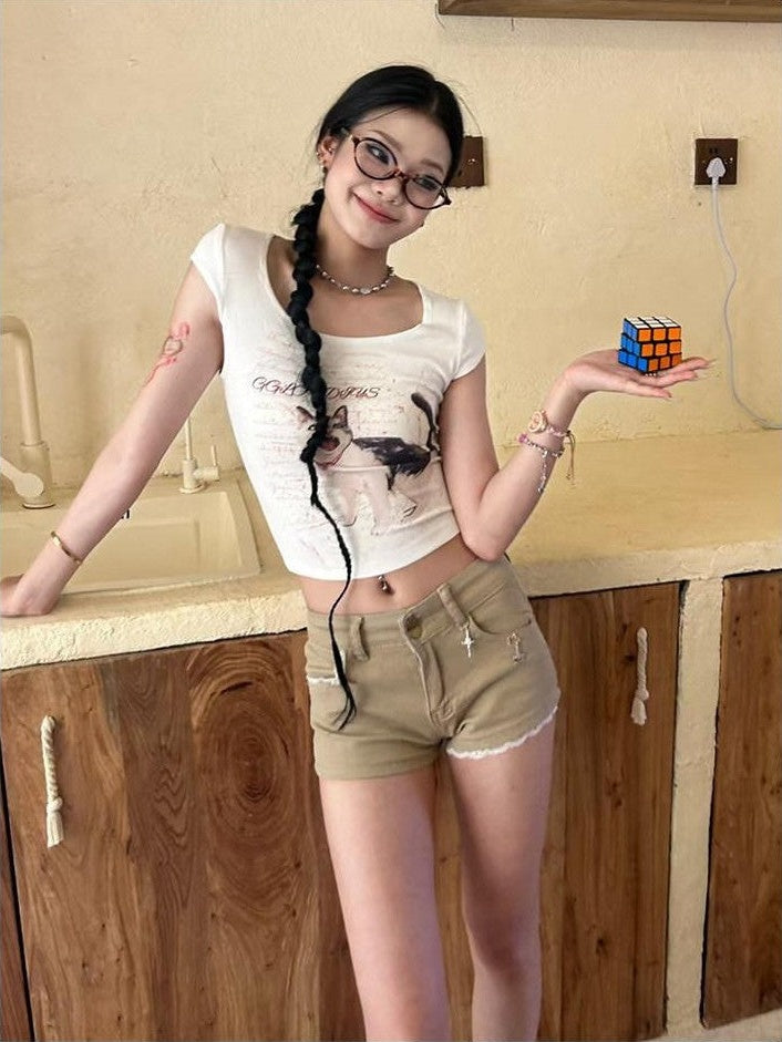 GGLOYDIUS Cute Cat Print Lace Trim Cropped U Neck Women's Cotton Casual Top & Shorts Sets