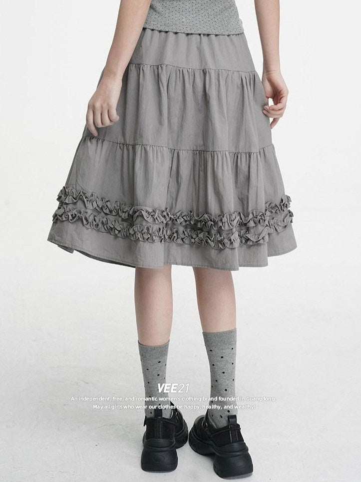 VEEMIX Light Gray A Line Ruffle Edge Elastic Waist Lined Women's Midi Skirts