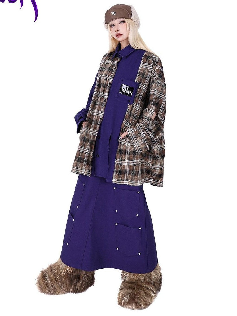 PINKSPINK Dark Purple Embroidered Multi Pocket Patchwork Women's Denim Maxi Skirts