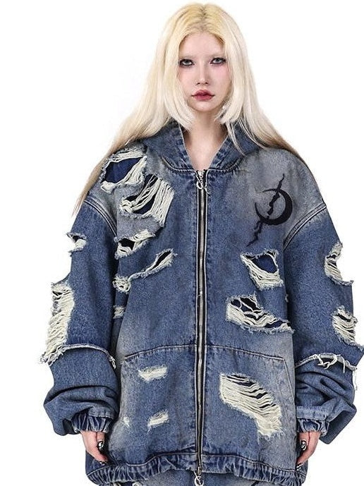 PINKSPINK Blue Double Layer Distressed Ripped Oversized Women's Cotton Denim Jackets