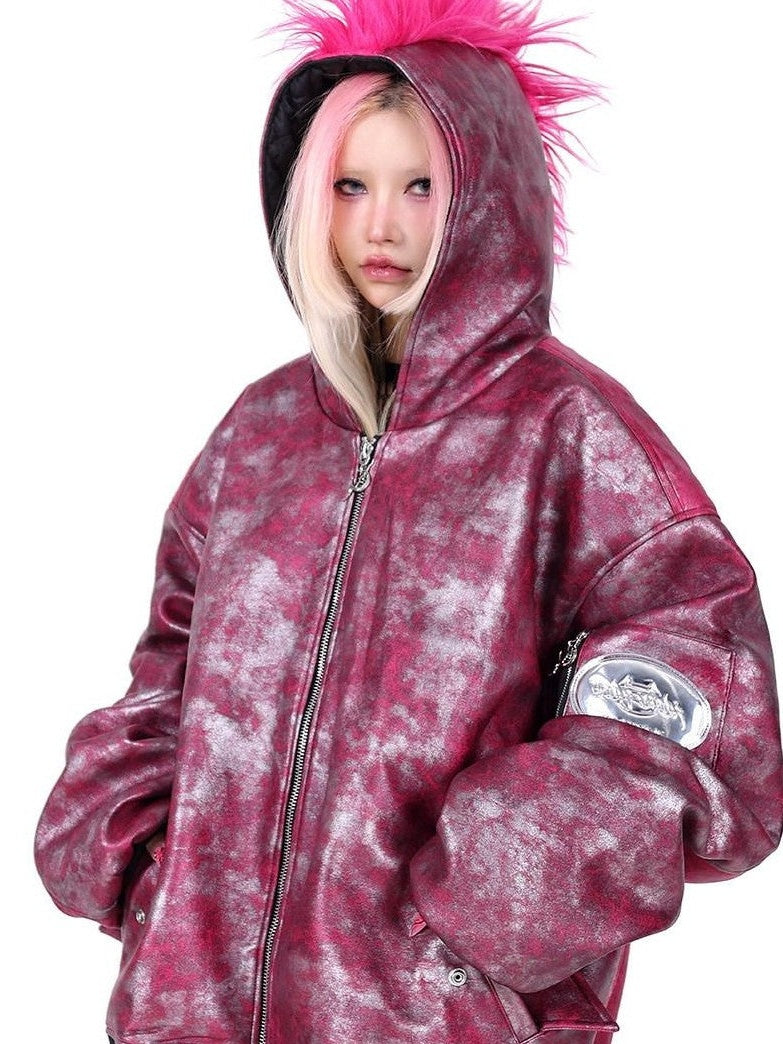 PINKSPINK Oversized Hooded Punk Crest Concept Polo Collar Zipper Women's Puffer Jackets