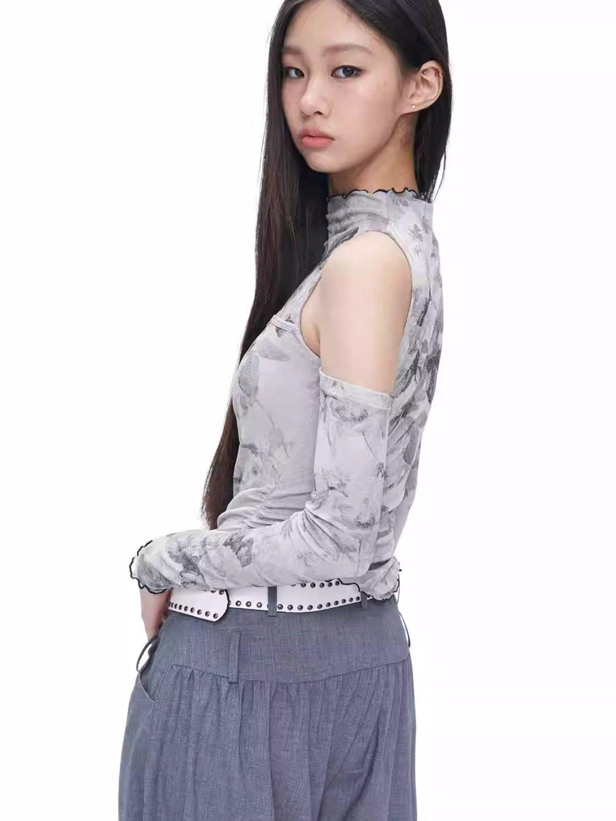 NextPassport MOF Gray Ink Wash Off Shoulder Cutout Waist Asymmetric Women's Long Sleeve T-shirts