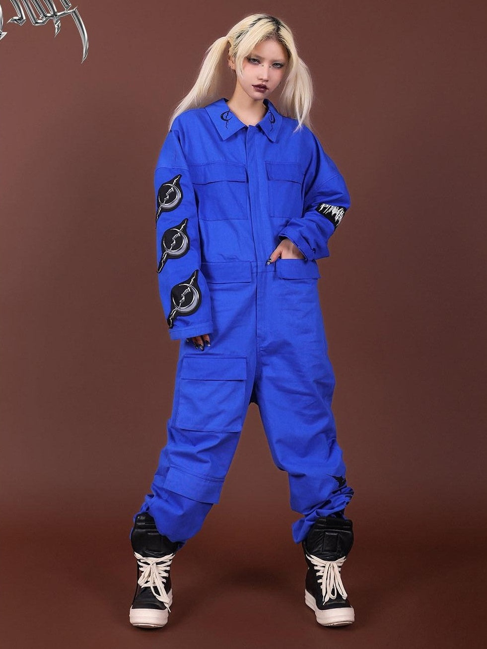 PINKSPINK Blue Patchwork Applique Embroidered Multi Pocket Women's Cotton Cargo Pants