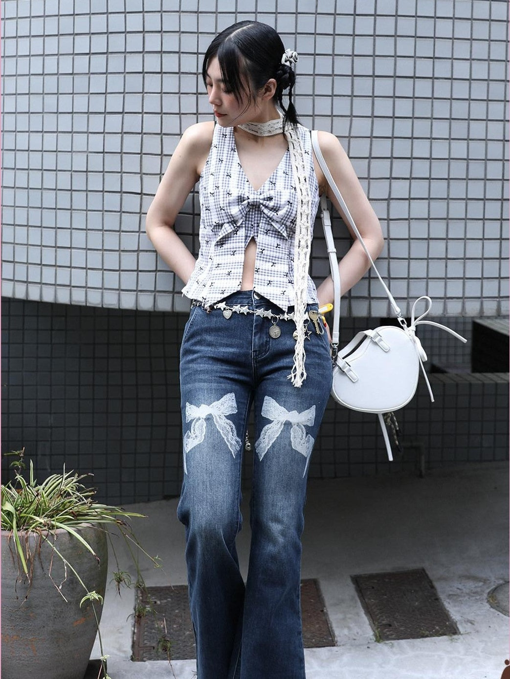 MOF Leopard Kitty Print 3d Print Curved Hem Women's Barrel-leg Jeans