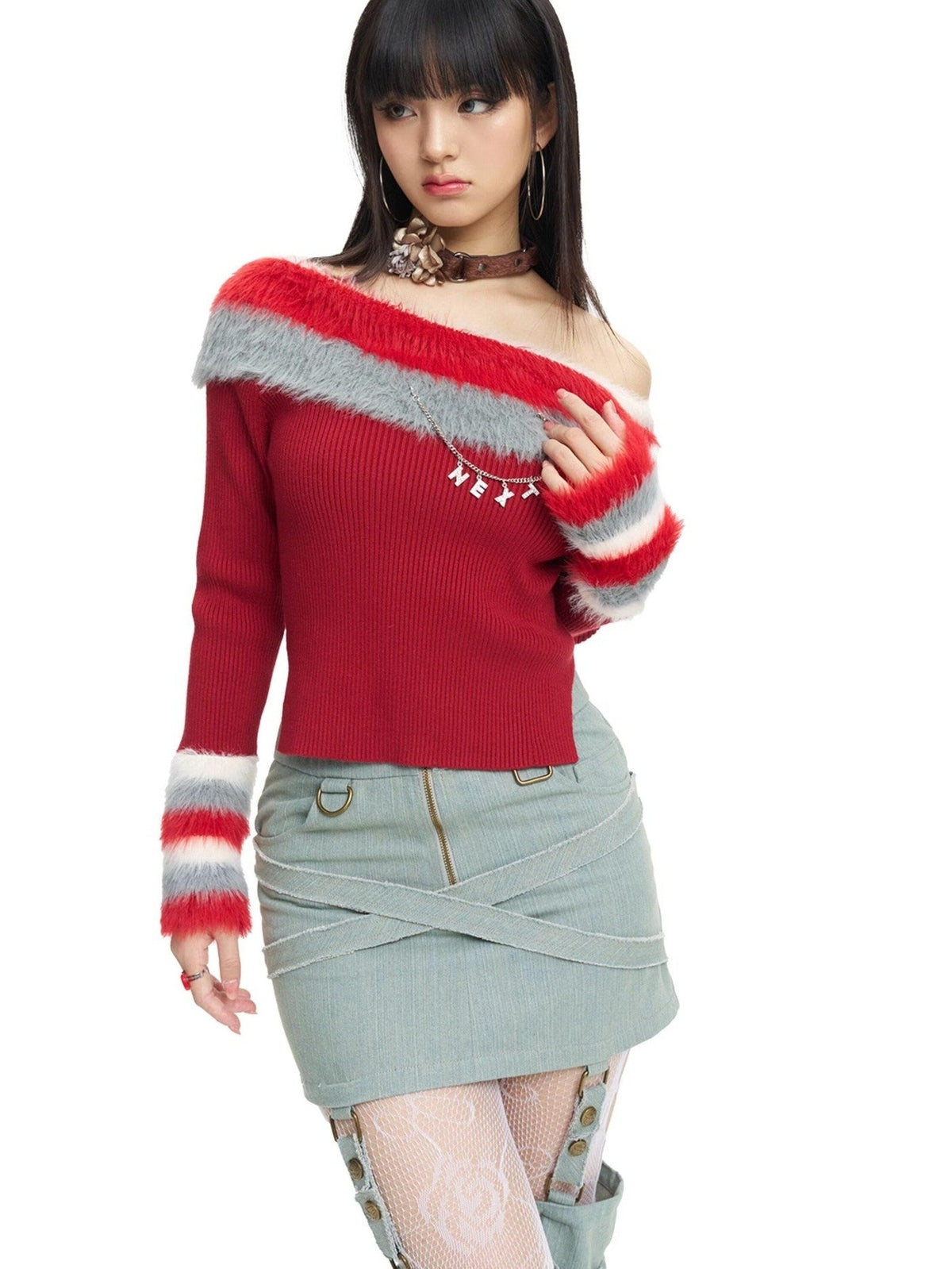 NextPassport MOF Red Convertible Fur Collar Boat Neck Women's Viscose Off-shoulder Sweaters