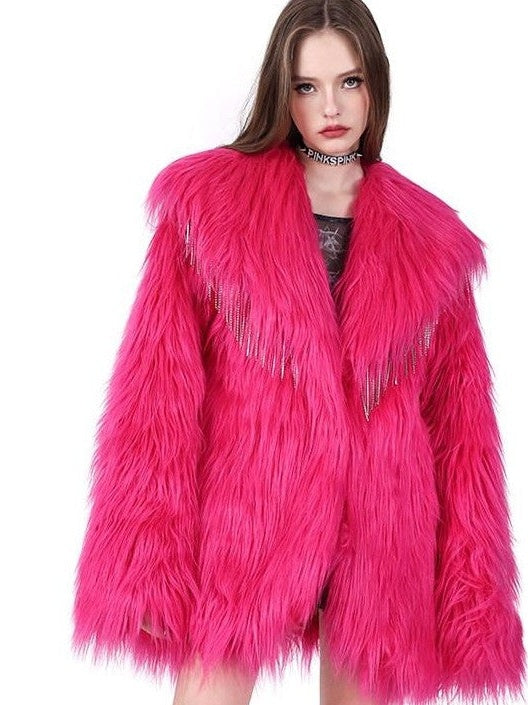 PINKSPINK Barbie Pink Rhinestone Pendant Fringe Y2k Silhouette Women's Faux Fur Coats