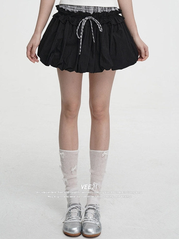 VEEMIX_Black_Spliced_Plaid_Pleated_Puff_High_Waist_Tie_Women's_Mini_Skirts_1021123742007_MISSTT