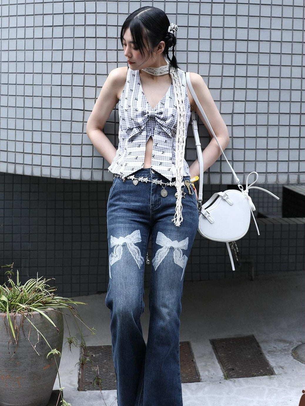 MOF Lace Trim Butterfly Bow Printed Wide Leg Women's Cotton Barrel-leg Jeans