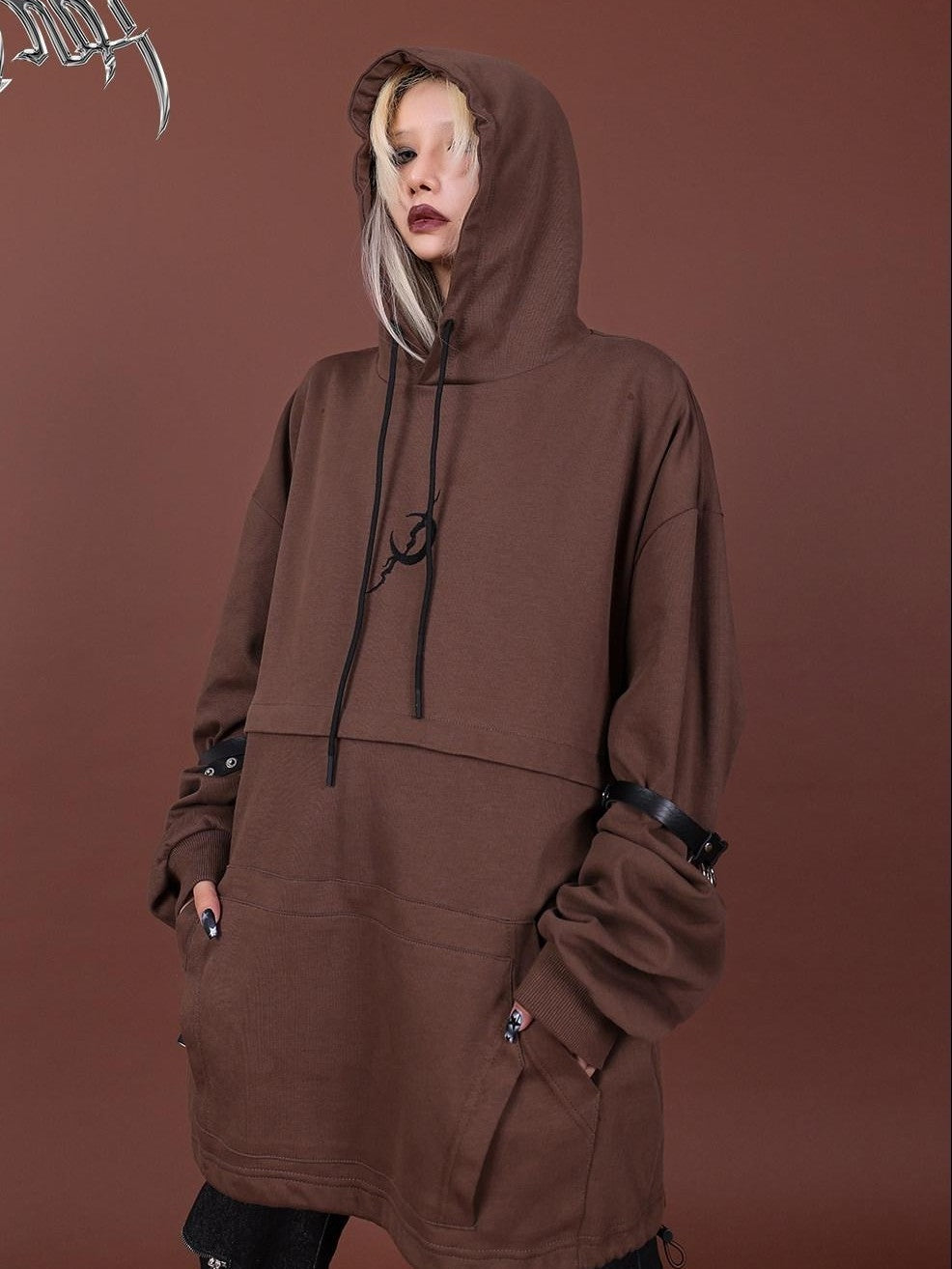 PINKSPINK Brown Embroidered Hooded Zip Convertible Women's Cotton Matching Skirt Sets