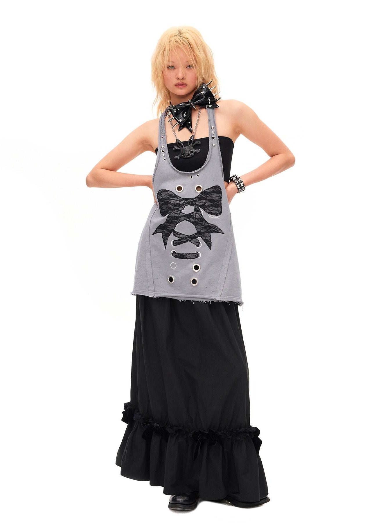 CFIERCE Lace Trim Silk Bamboo Blend Pleated Mid Waist Straight Black Skirt