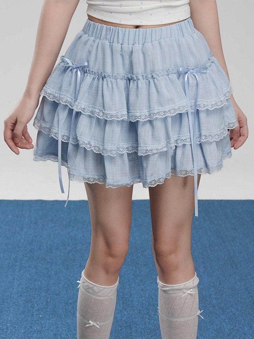 VEEMIX Light Blue Lace Trim Ruffled Bow Cake Women's Viscose Blend Tiered Skirts