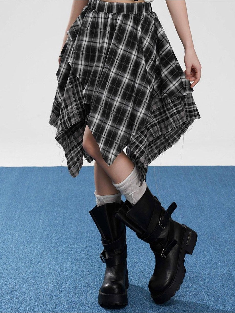 VEEMIX Coffee Plaid Asymmetrical High Waist A Line Women's Cotton Blend Midi Skirts