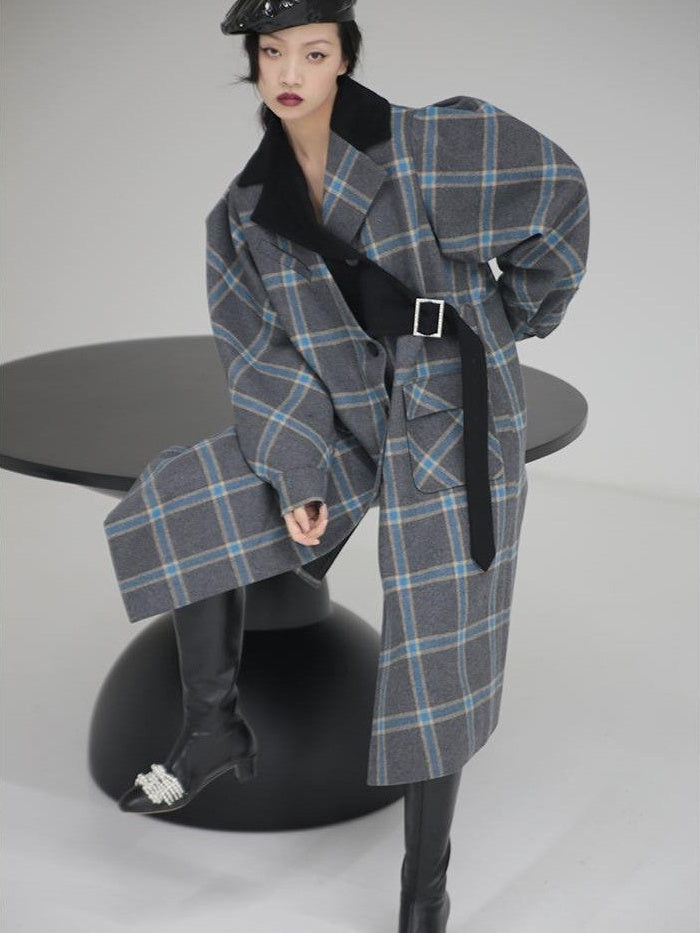 Jnylon studios Deconstructed Plaid Asymmetric Color Block Women's Wool Long Straight Coat With Pockets Buttons Wool Coats