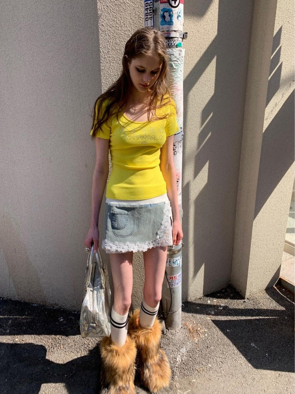 UNIVERSE Bright Yellow Rhinestone Slim Women's Cotton Short Sleeve T-shirts