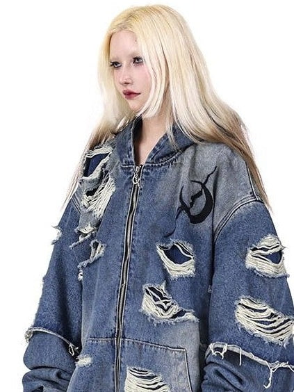 PINKSPINK Blue Double Layer Distressed Ripped Oversized Women's Cotton Denim Jackets