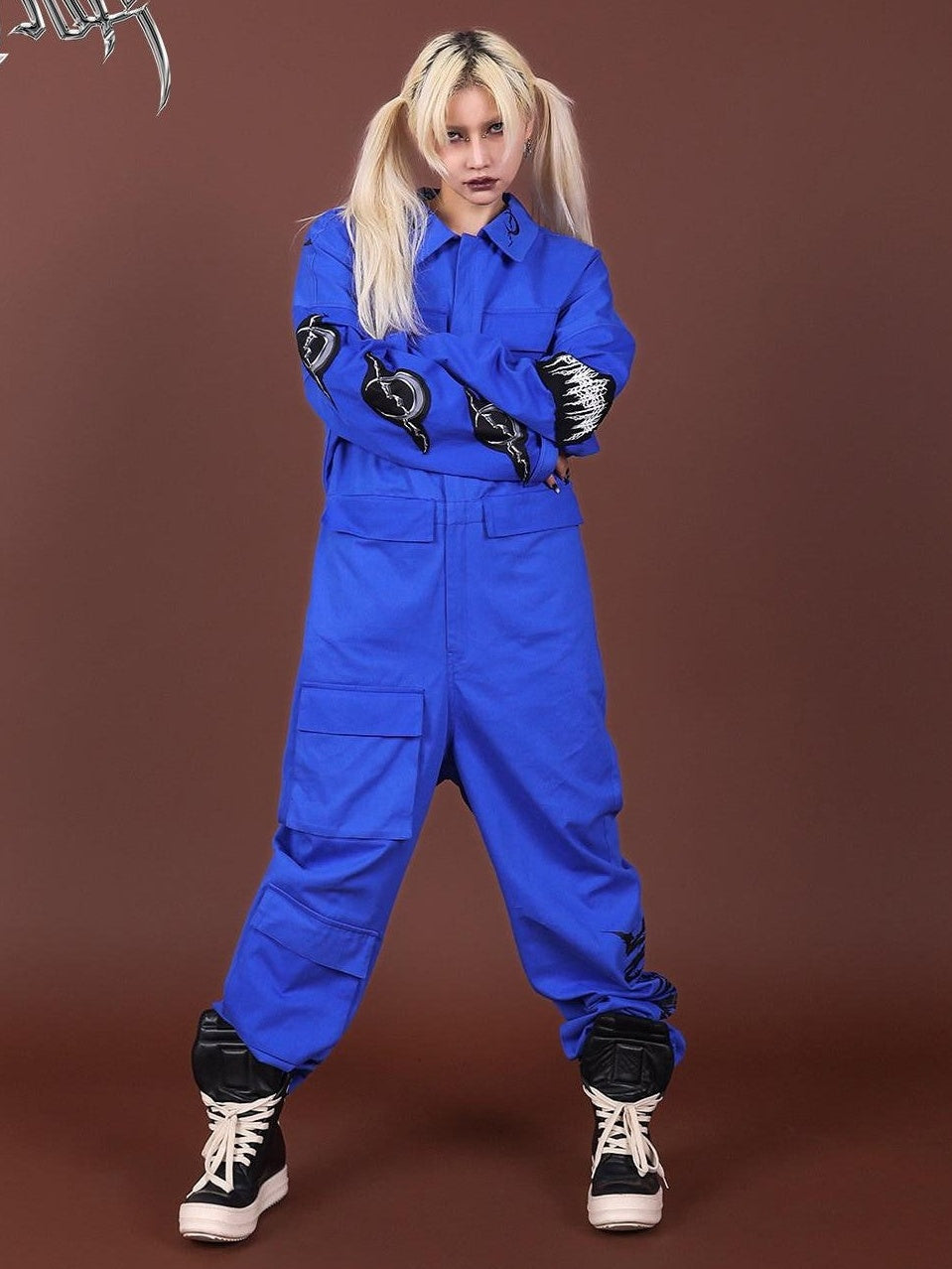 PINKSPINK Blue Patchwork Applique Embroidered Multi Pocket Women's Cotton Cargo Pants