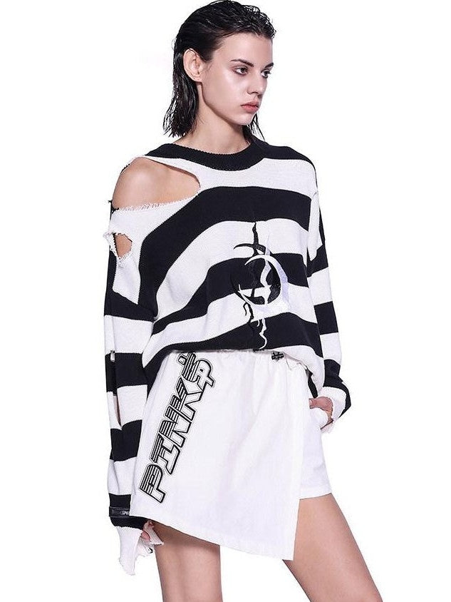 PINKSPINK Black White Striped Misaligned Embroidery Distressed Women's Knitted Sweaters