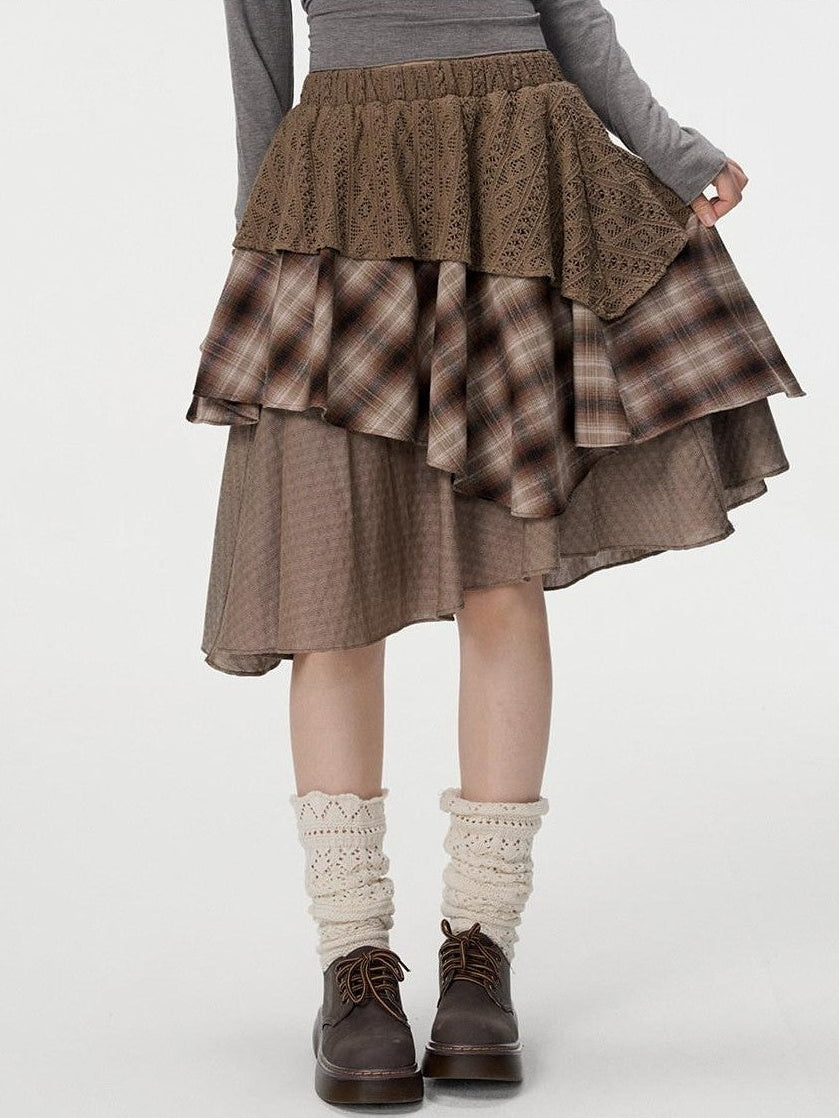 VEEMIX Gray Plaid Asymmetric High Waist Patchwork Women's Cotton Blend Midi Skirts