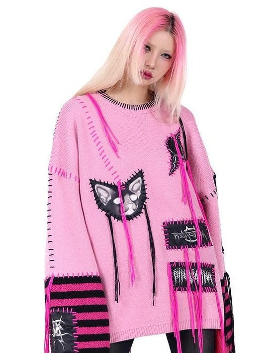 PINKSPINK Pink Sphinx Cat Handmade Patch Rock Punk Striped Women's Acrylic Sweaters