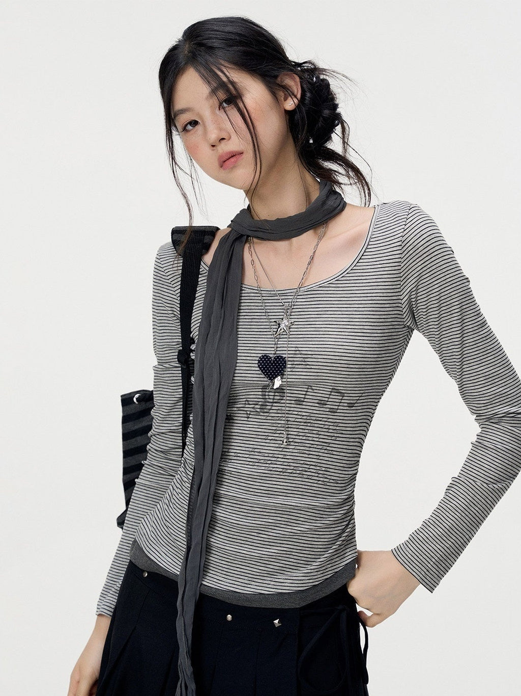 VEEMIX_Gray_Fine_Stripe_Ruched_Fake_Two_Piece_Women's_Lyocell_Long_Sleeve_T-shirts_1074711288239_MISSTT