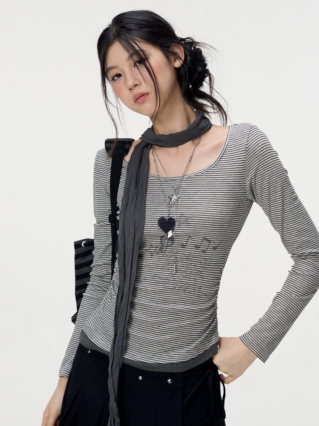 VEEMIX_Gray_Fine_Stripe_Ruched_Fake_Two_Piece_Women's_Lyocell_Long_Sleeve_T-shirts_1074711288239_MISSTT