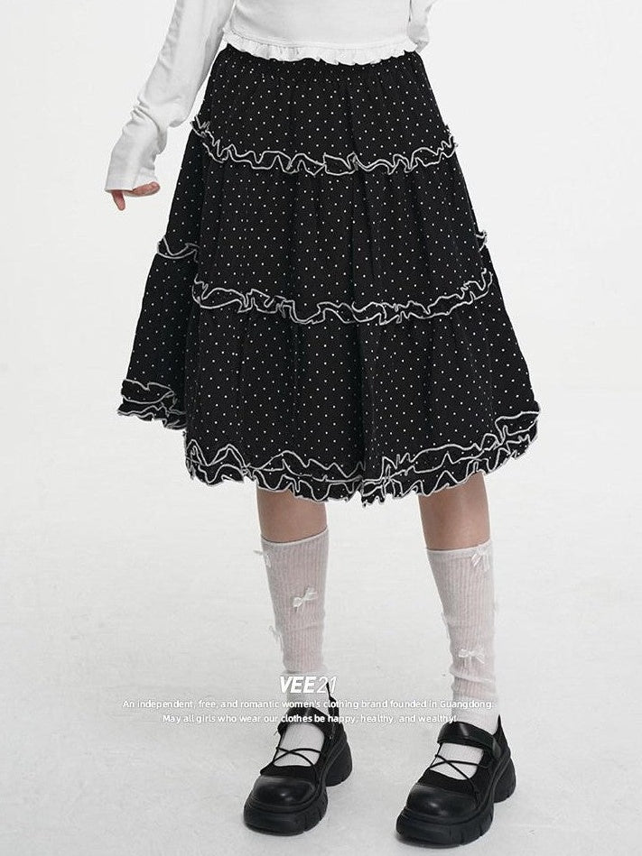 VEEMIX Black Polka Dot A Line Pleated Ruffle Women's Cotton Blend Midi Skirts