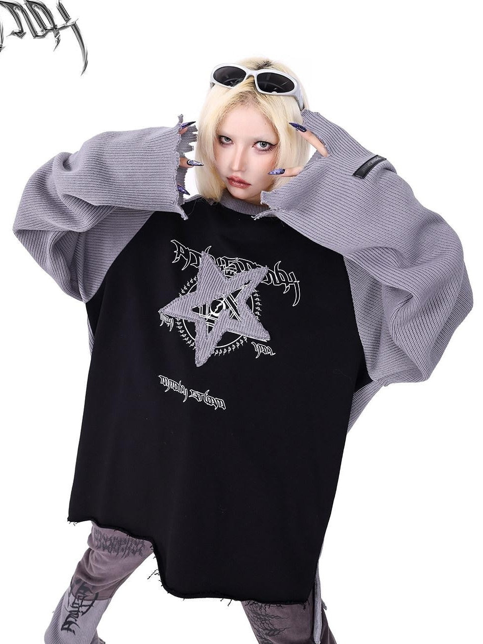 PINKSPINK Pentagram Denim Patchwork Raglan Printed Women's Knit Sweatshirts