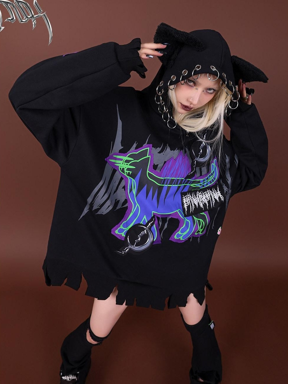 PINKSPINK Horror Cat Patch Embroidered Ring Ear Distressed Women's Cotton Hoodies