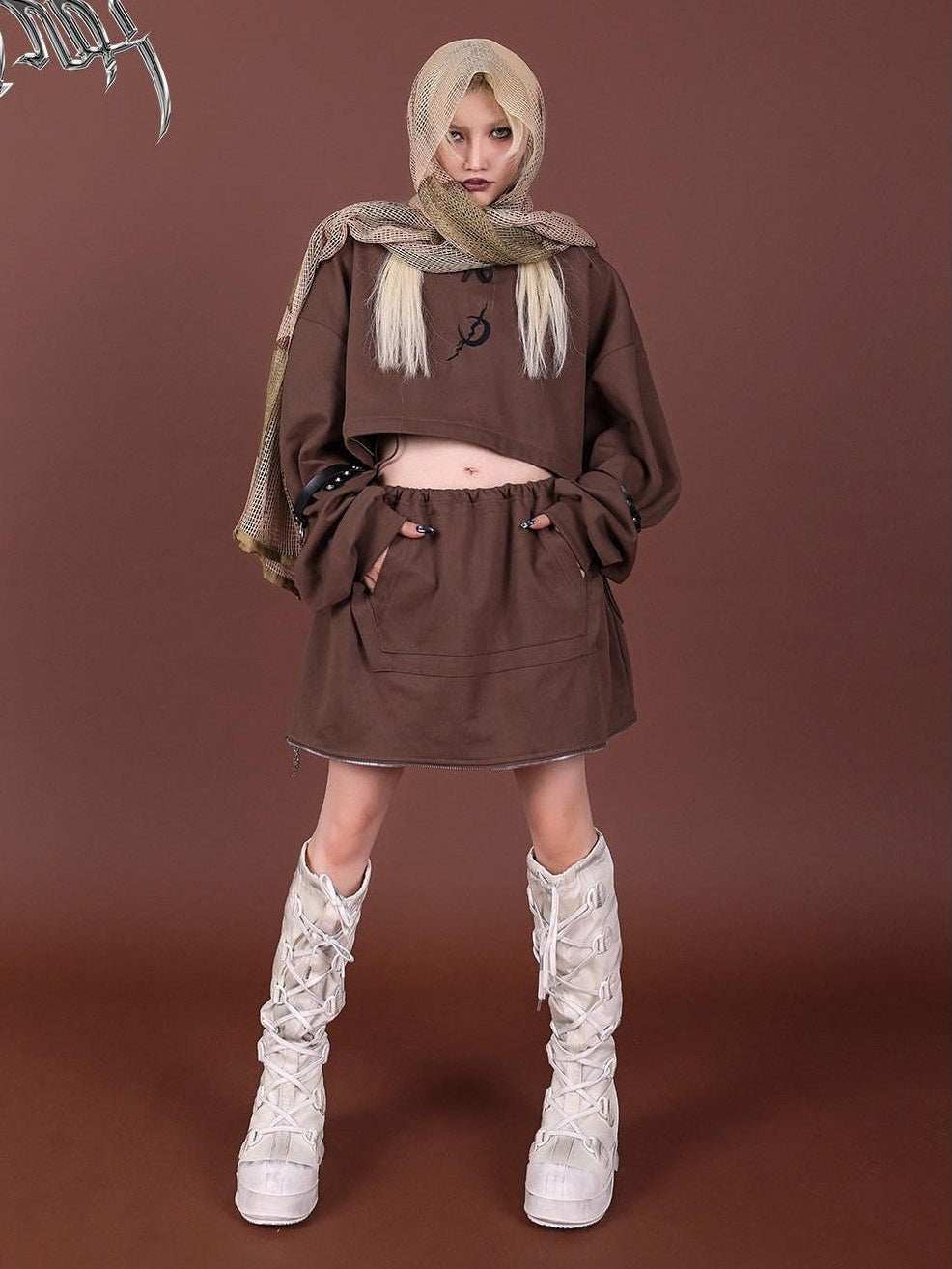 PINKSPINK Brown Embroidered Hooded Zip Convertible Women's Cotton Matching Skirt Sets
