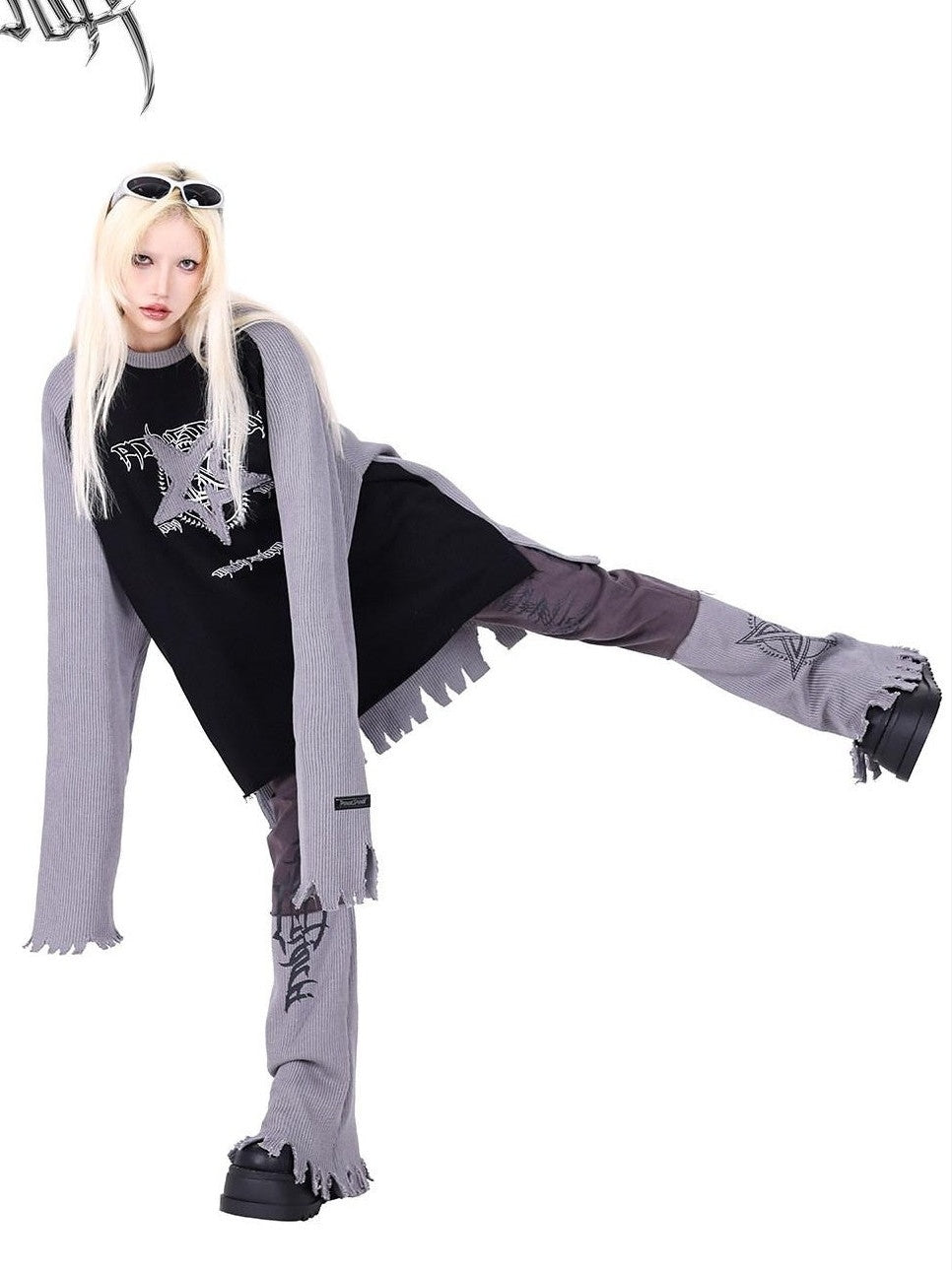 PINKSPINK Pink Embroidered Asymmetrical Distressed Pentagram Women's Cotton Flare Jeans