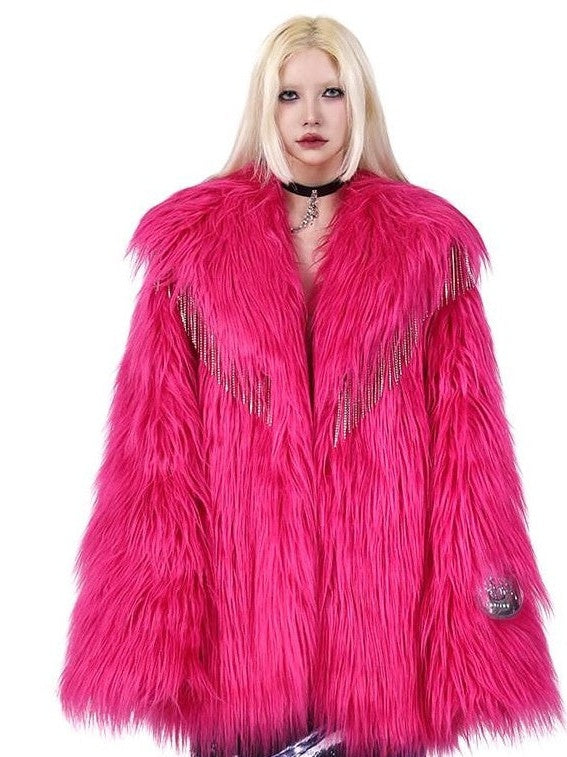 PINKSPINK Barbie Pink Rhinestone Pendant Fringe Y2k Silhouette Women's Faux Fur Coats