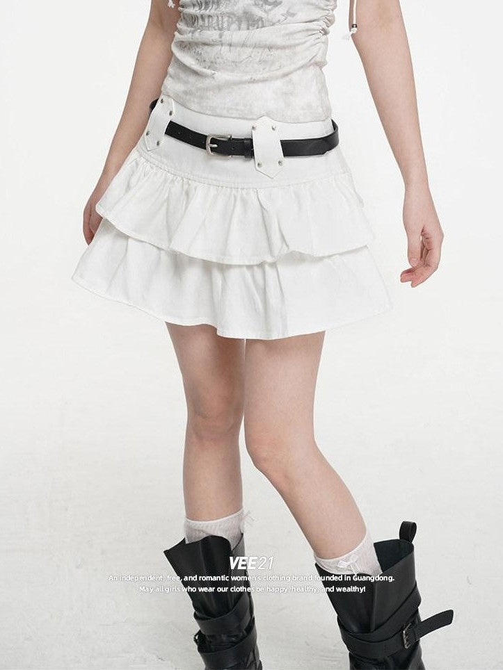 VEEMIX Black Pleated Ballet Puff A Line Belted Women's Cotton Rayon Blend Mini Skirts