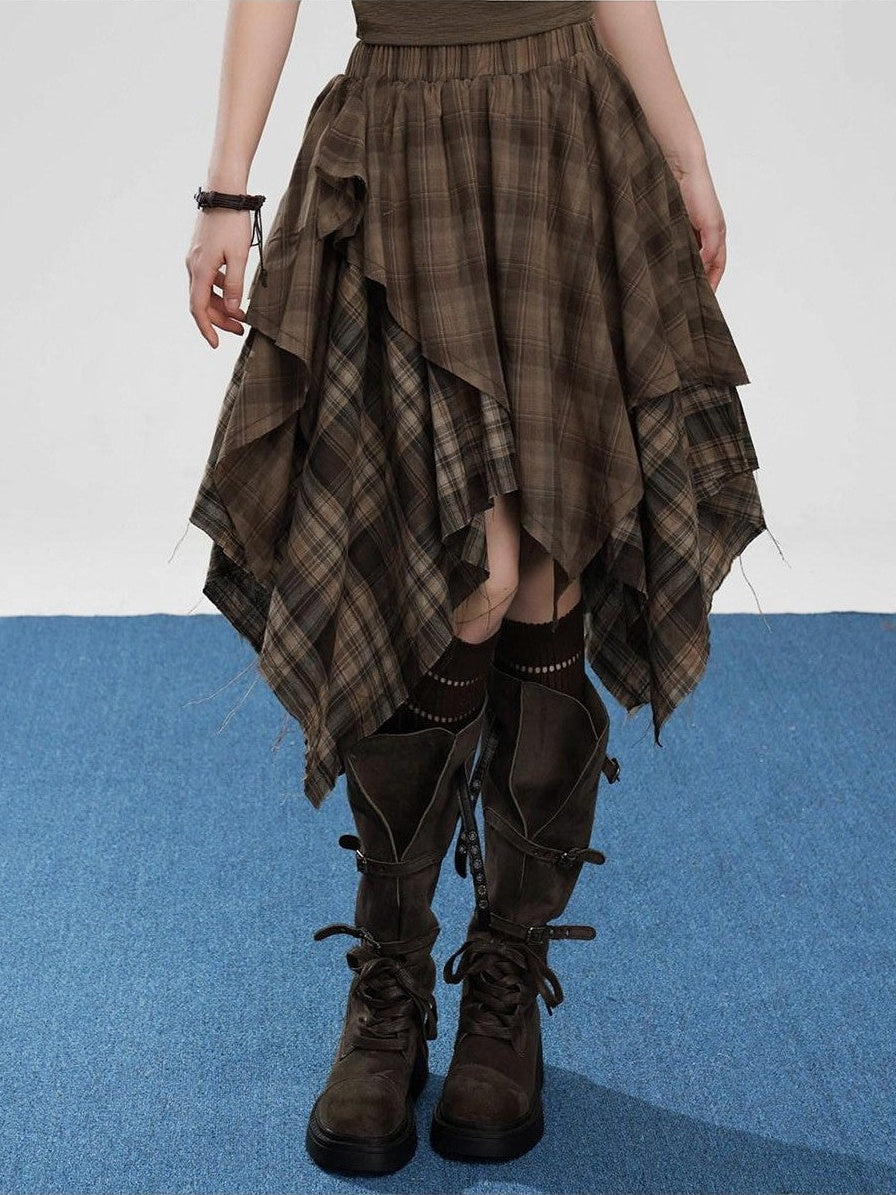 VEEMIX Coffee Plaid Asymmetrical High Waist A Line Women's Cotton Blend Midi Skirts