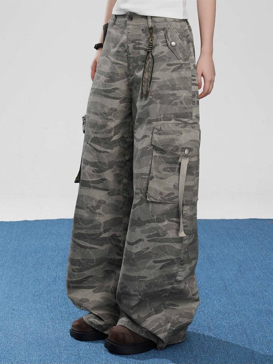 VEEMIX Military Green Camouflage Cargo Pockets Women's Cotton Blend Wide-leg Pants