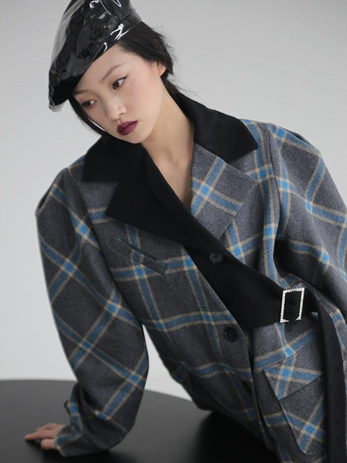 Jnylon studios Deconstructed Plaid Asymmetric Color Block Women's Wool Long Straight Coat With Pockets Buttons Wool Coats