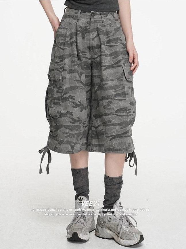 VEEMIX Cement Gray Camouflage Cargo Drawstring Pockets Women's Cropped Jeans