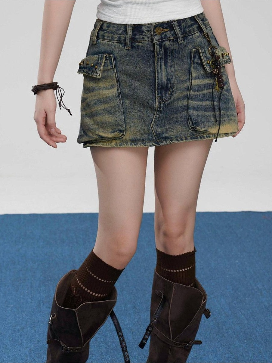 VEEMIX Retro Blue Distressed Multi Pocket Low Rise Bodycon Women's Denim Mini Skirts