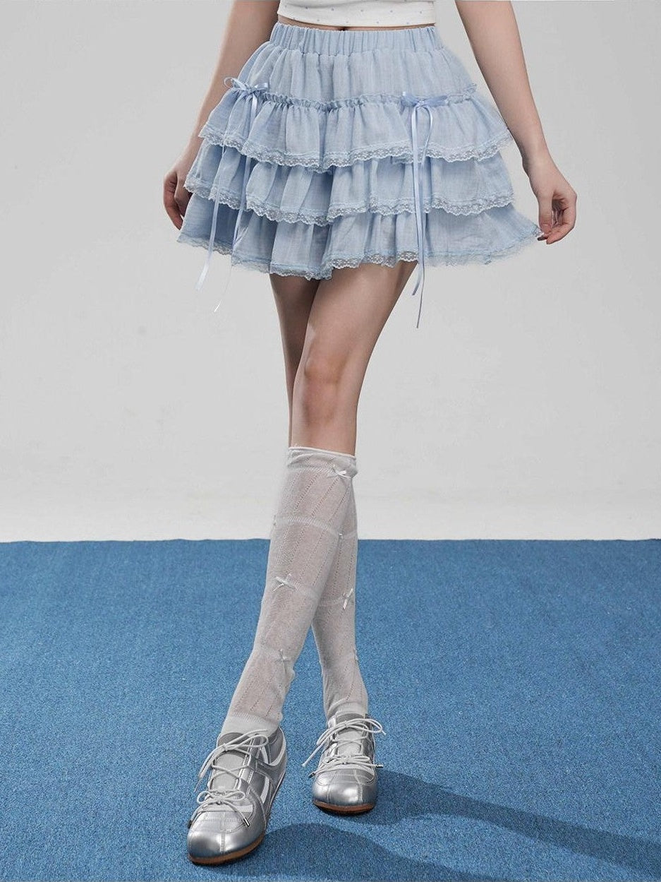 VEEMIX Light Blue Lace Trim Ruffled Bow Cake Women's Viscose Blend Tiered Skirts