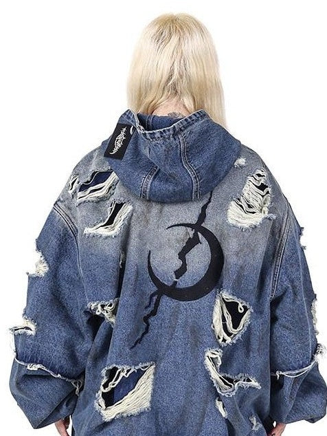 PINKSPINK Blue Double Layer Distressed Ripped Oversized Women's Cotton Denim Jackets