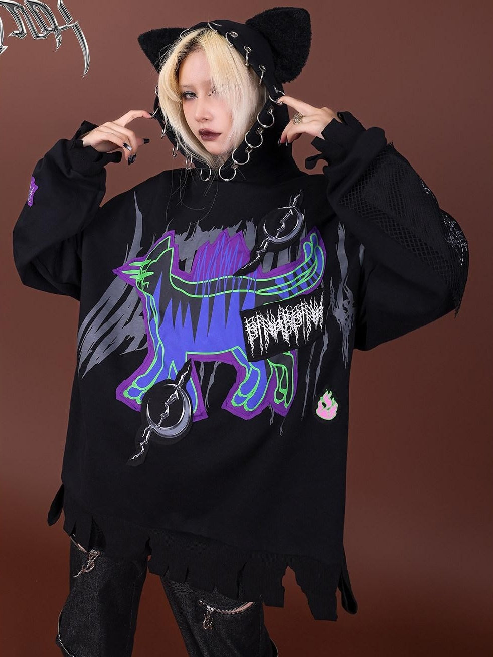 PINKSPINK Horror Cat Patch Embroidered Ring Ear Distressed Women's Cotton Hoodies