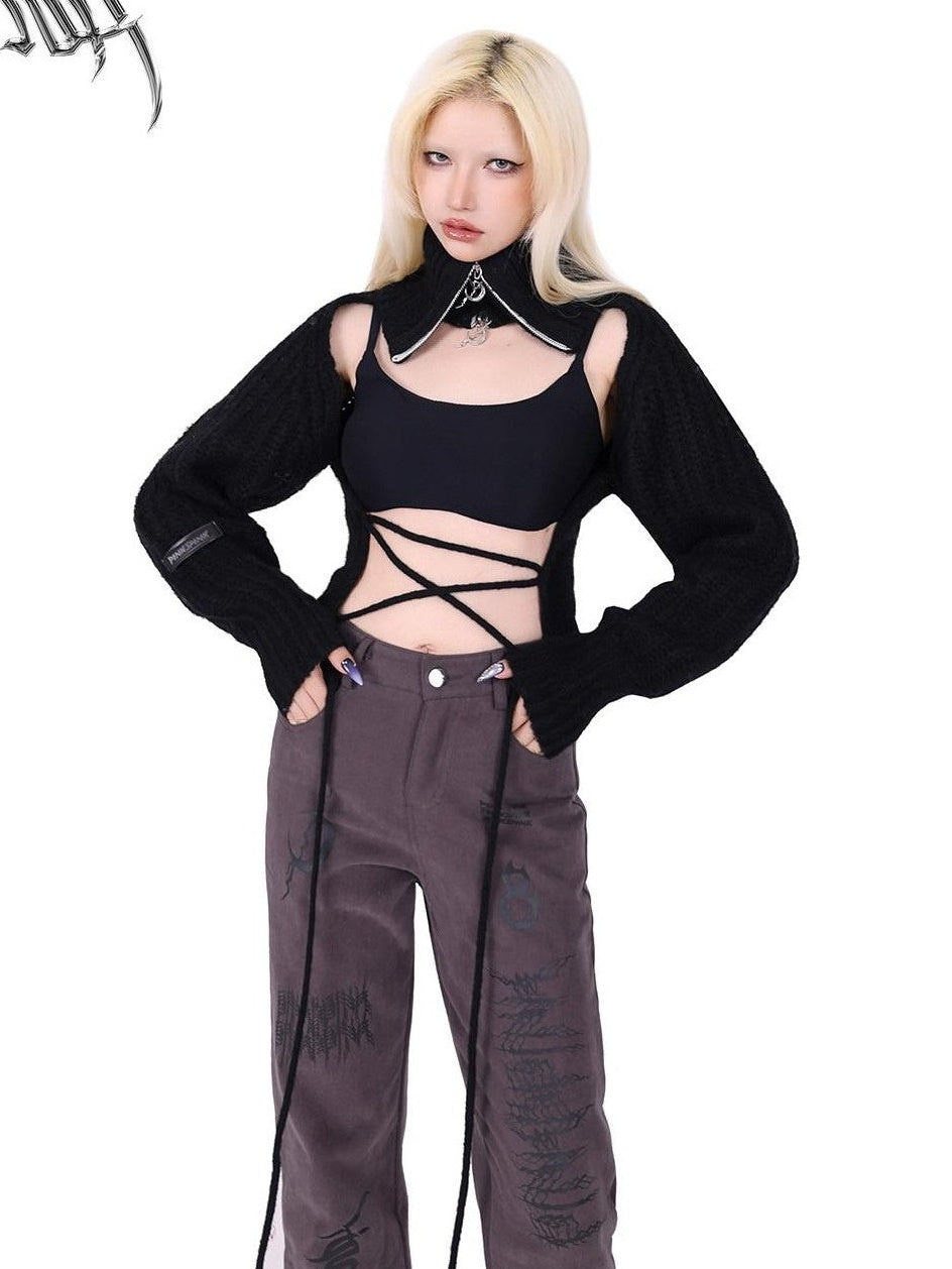 PINKSPINK Pentagram Cutout Double Zipper Tie Women's Acrylic Turtleneck Sweaters