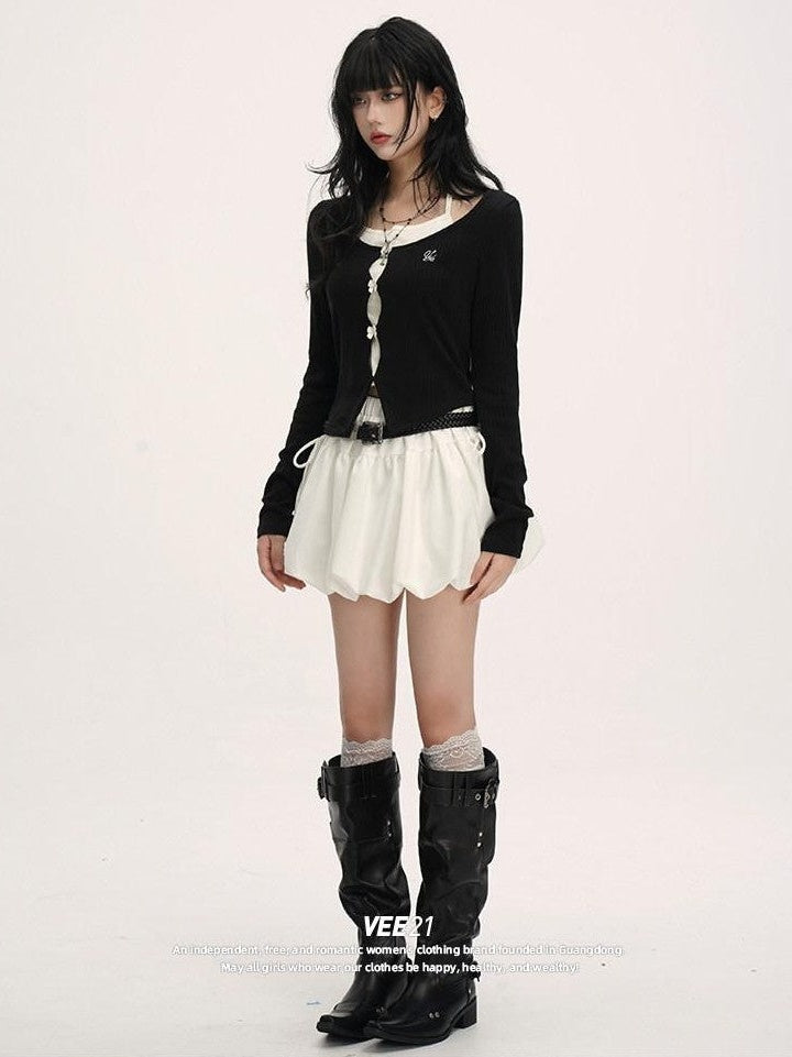 VEEMIX Colorblock Embroidered Tie Cropped Faux Two Piece Women's Long Sleeve T-shirts
