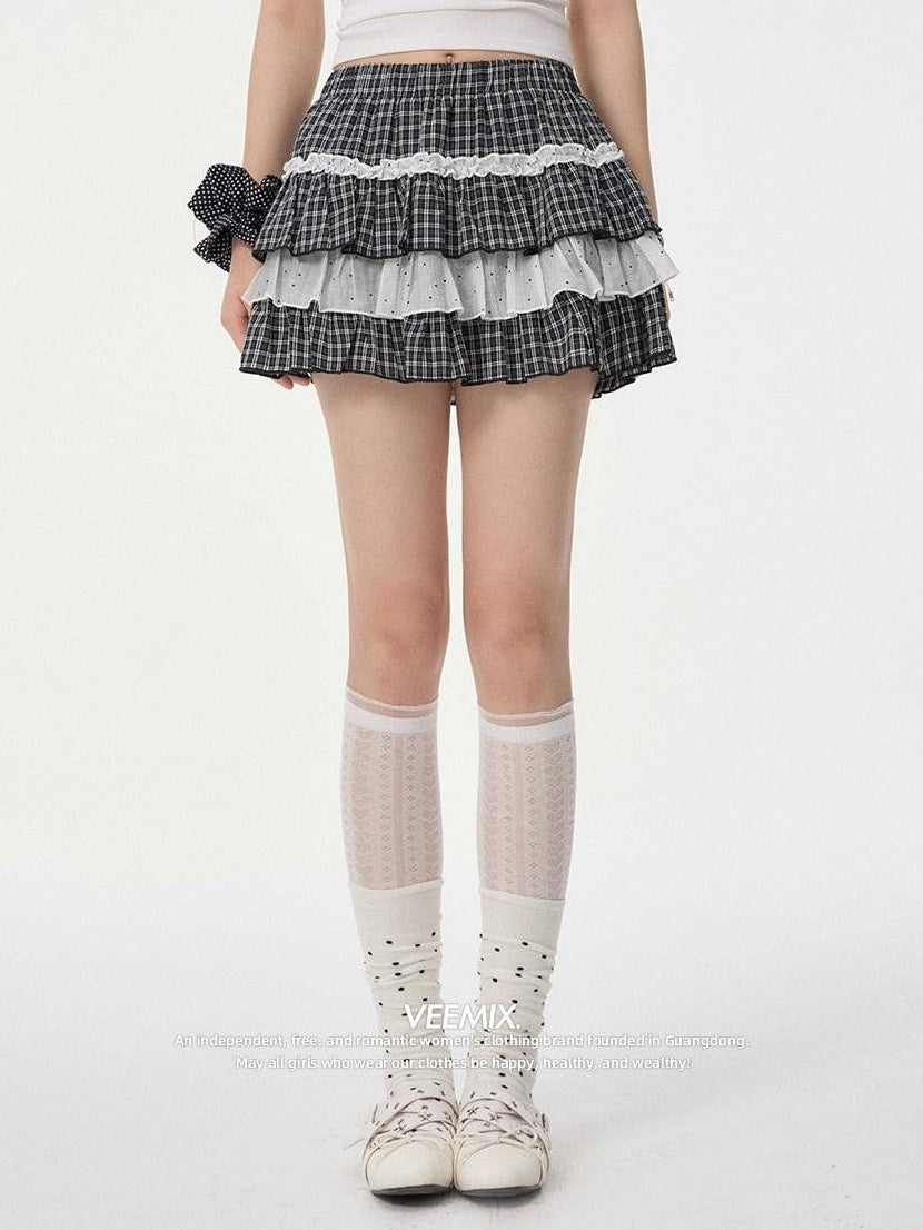 VEEMIX Ballet Plaid Tiered Lace Mesh High Waist Women's Cotton Blend Mini Skirts
